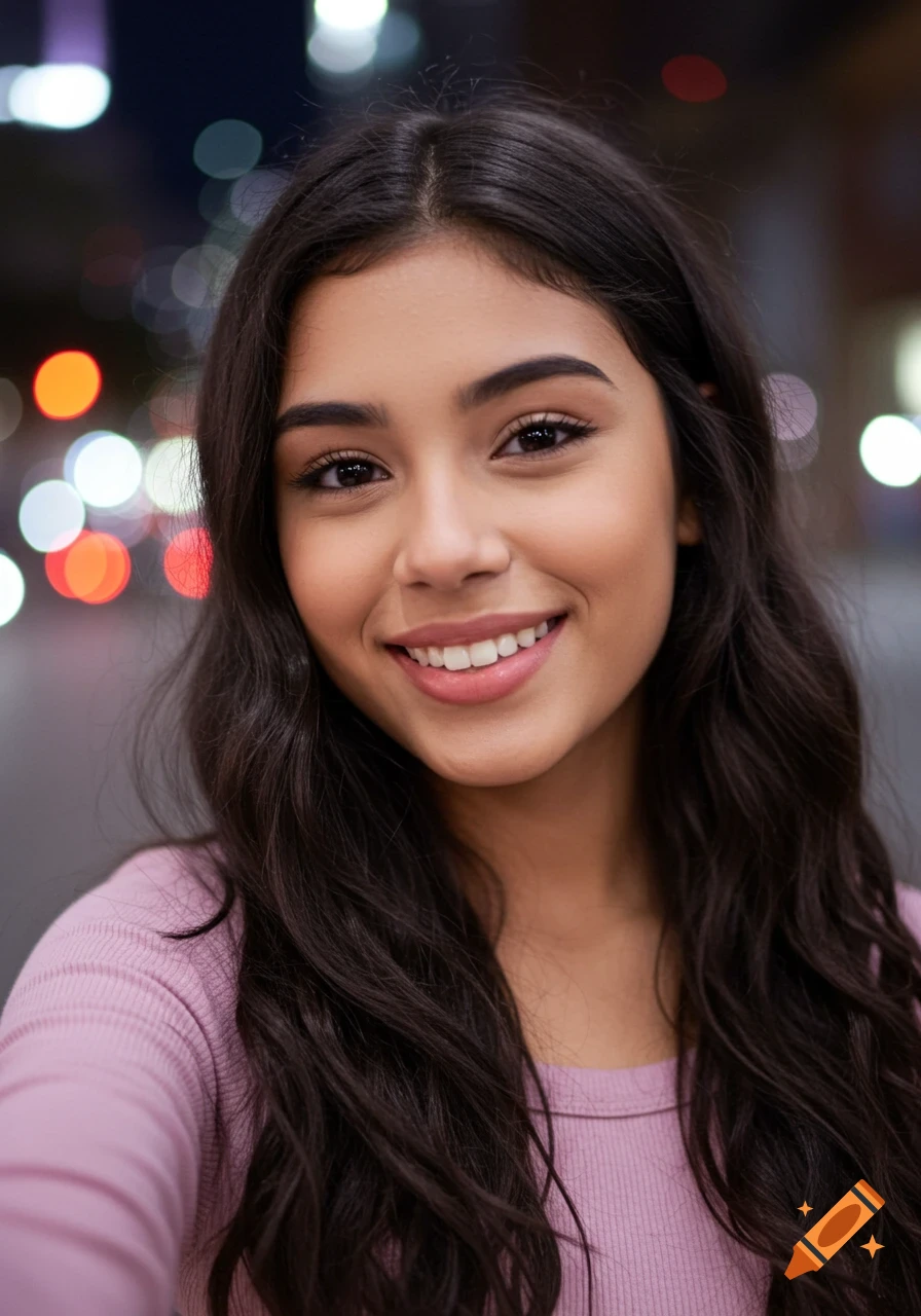 Photorealistic selfie of a beautiful young Hispanic woman smiling with blurred city lights at night.