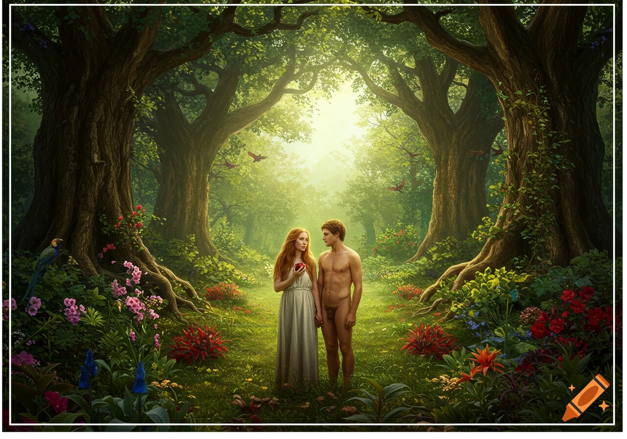 A man and woman, resembling Adam and Eve, stand in a lush Garden of Eden with large trees and colorful flowers.