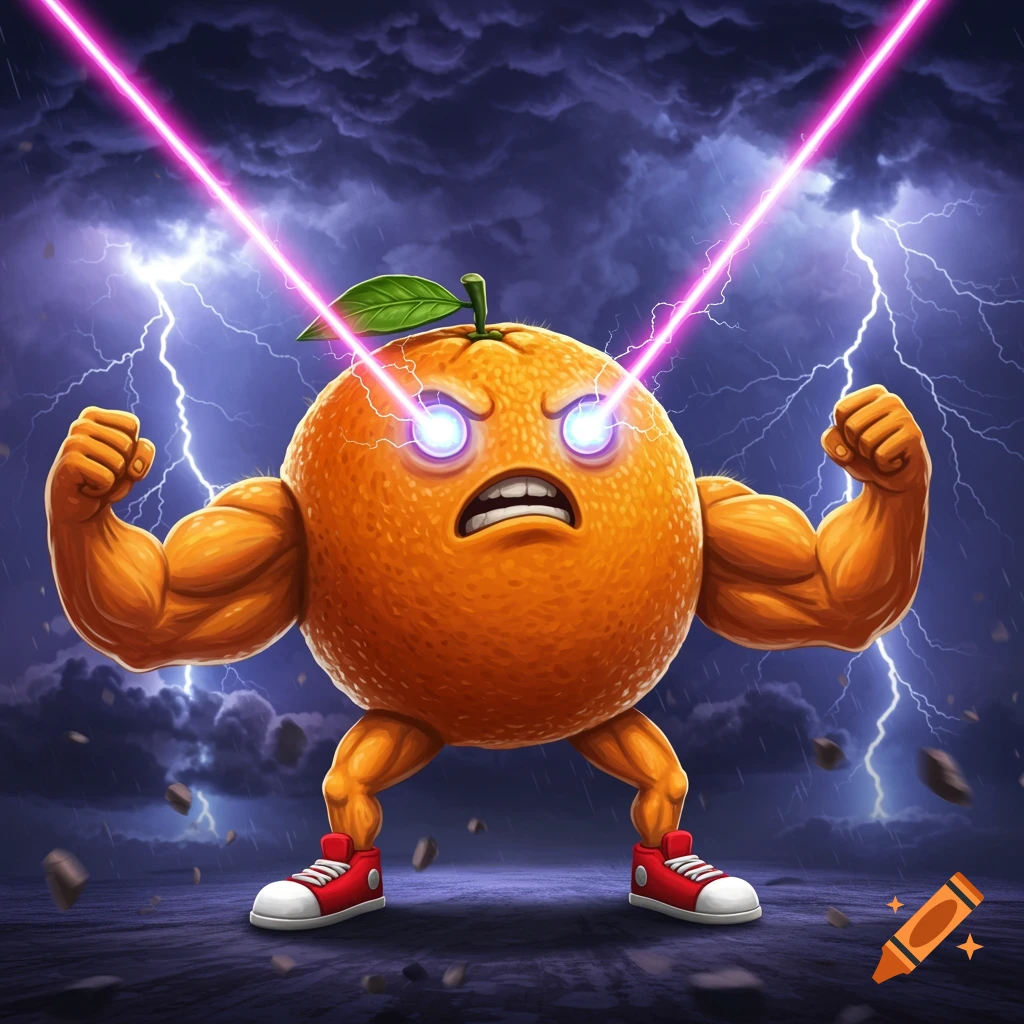 A muscular orange with laser eyes and a fierce expression, wearing red and white sneakers, stands in a storm with lightning bolts and debris.