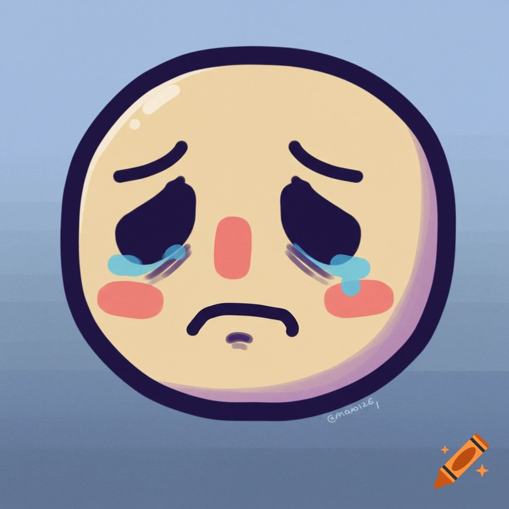 A crying emoji face with blue tears and red cheeks, drawn in a simple, digital style against a blue background.