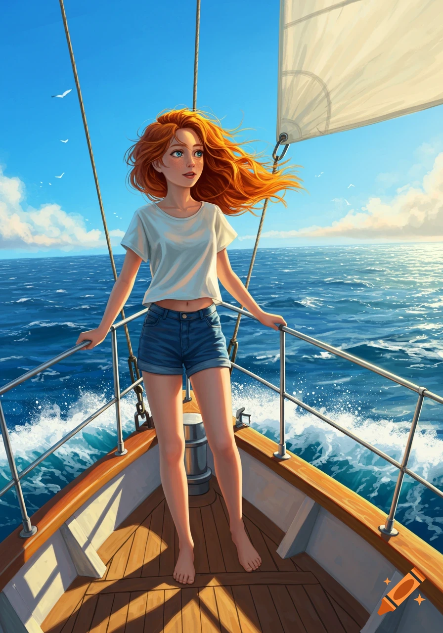 A red-haired girl stands on the bow of a sailboat, looking out over the blue ocean under a clear sky. Illustrated in a bright, stylized manner.