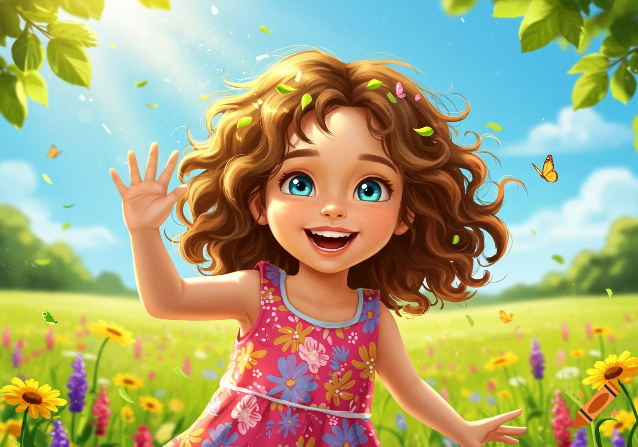 A cheerful cartoon girl with curly brown hair and blue eyes, wearing a pink floral dress, waves in a sunny field with colorful wildflowers.