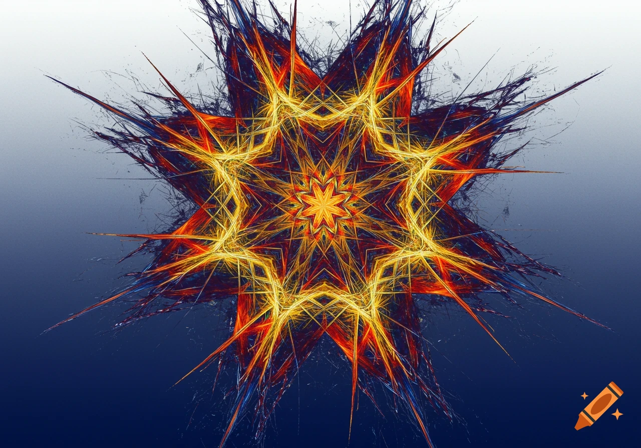 A vibrant, spiky abstract pattern resembling a star, with glowing orange, yellow, and blue lines on a blue to white gradient background.