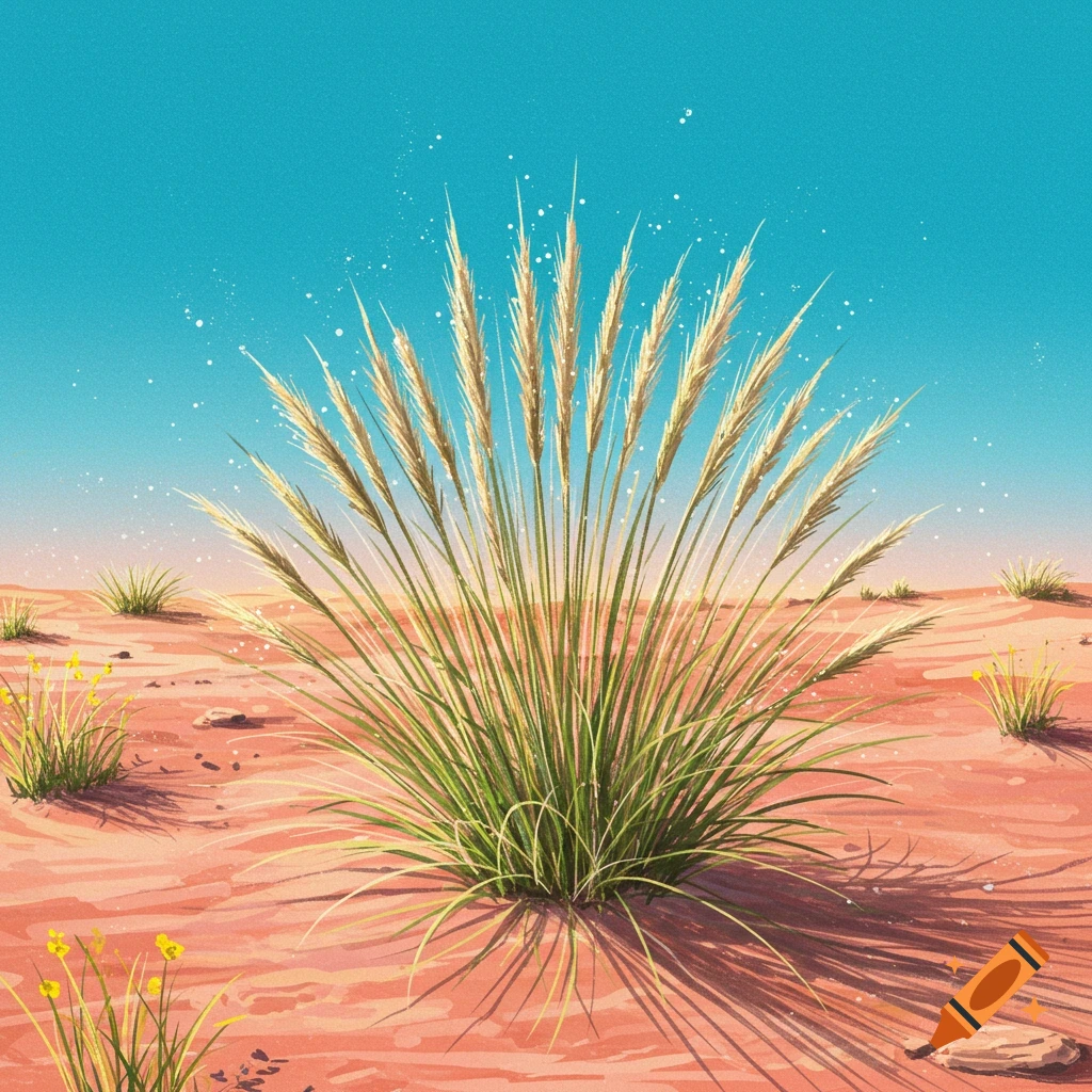 A large clump of grama grass with tall seed heads in a red desert landscape under a clear blue sky, illustrated.