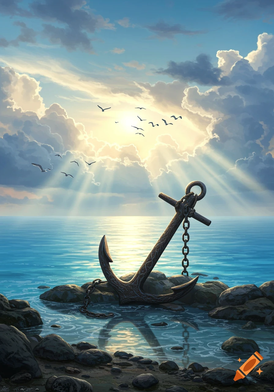 A rusty anchor sits on coastal rocks by the sea under a bright, cloudy sky with sun rays and flying birds.