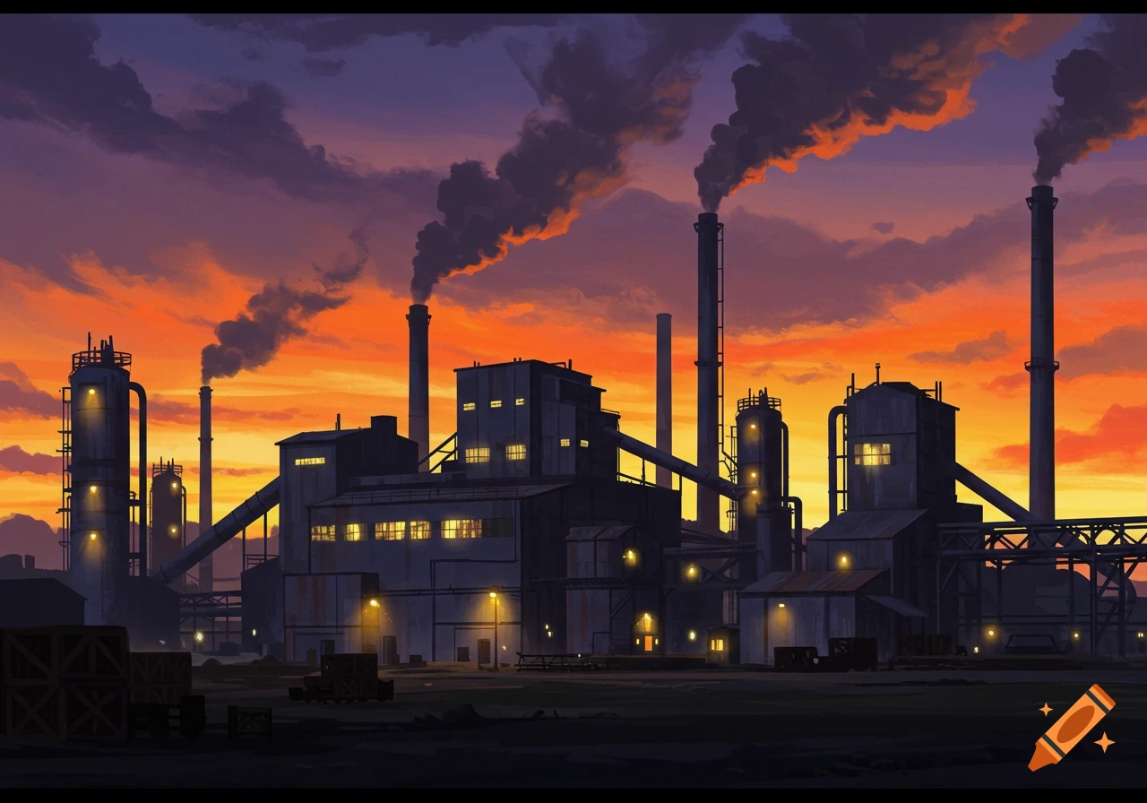 An industrial factory with smokestacks emits smoke against a dramatic orange and purple sunset, in an illustration style.