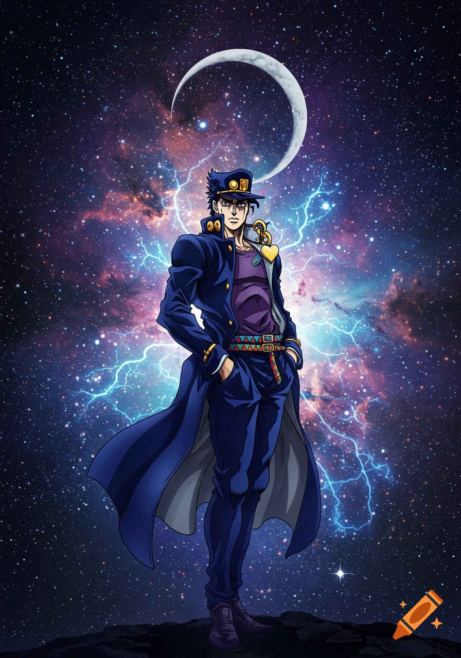 Anime character Jotaro Kujo in a blue trench coat, standing against a vibrant galaxy sky with a crescent moon and blue lightning.