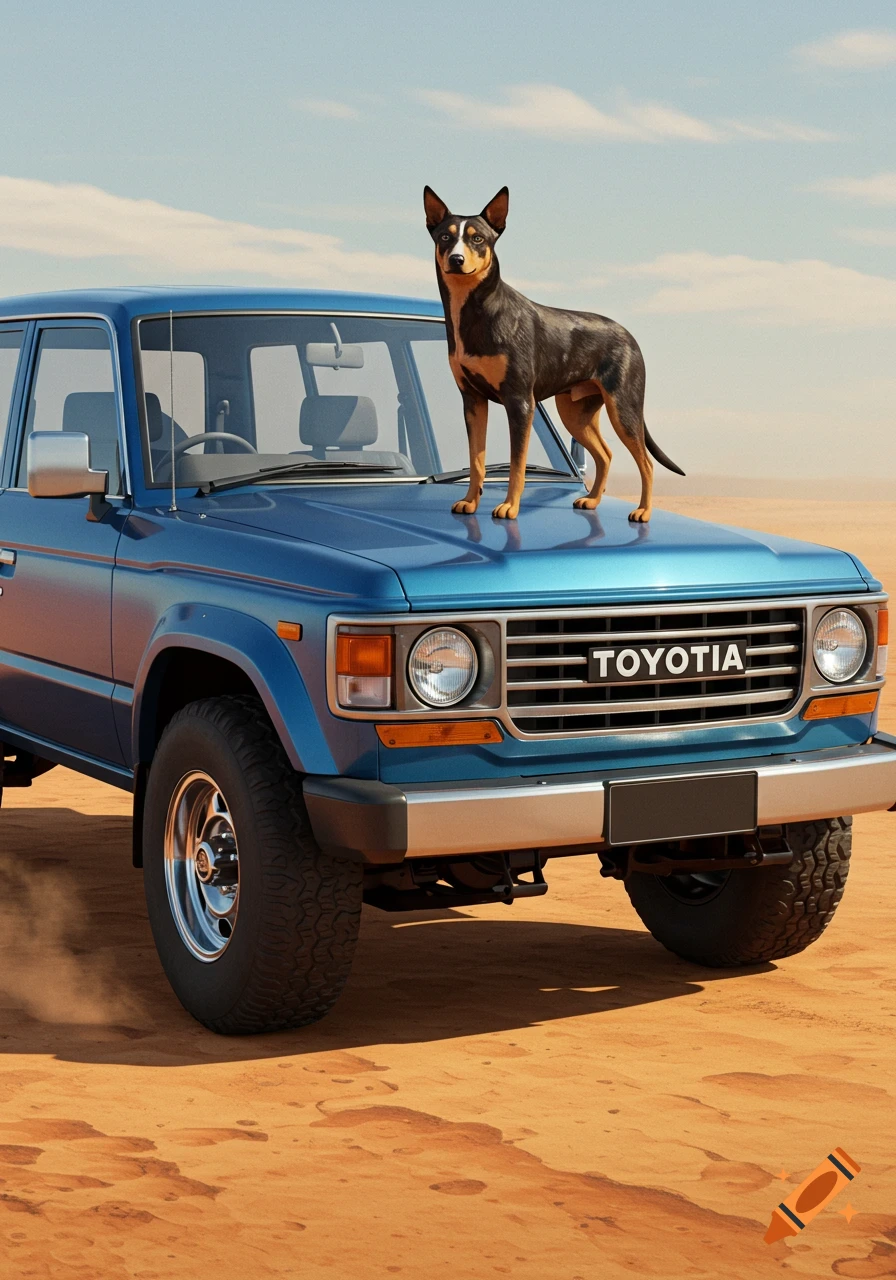 A kelpie dog stands on the hood of a blue Toyota Land Cruiser in a desert landscape.