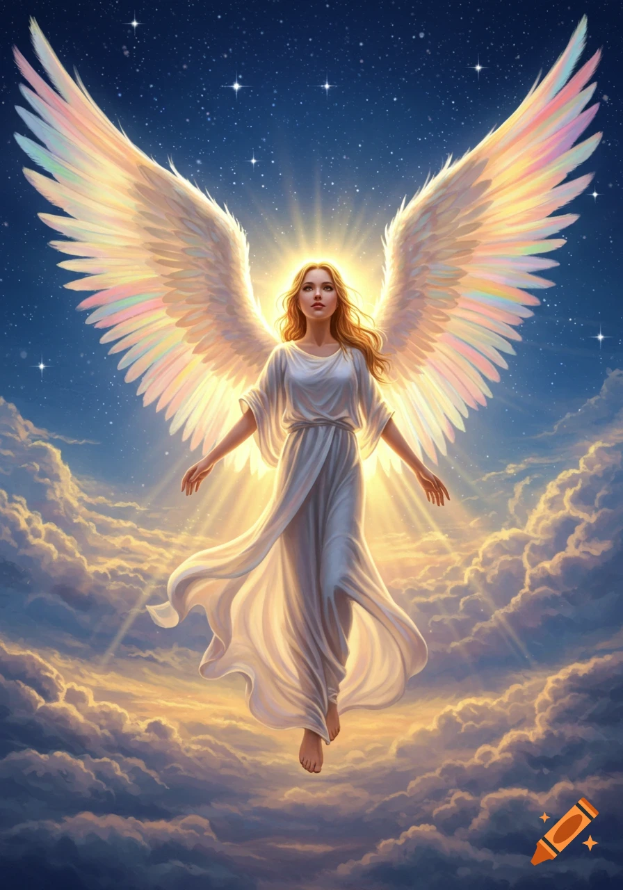 A radiant angel with large, glowing wings descends from a starry sky amidst bright clouds.