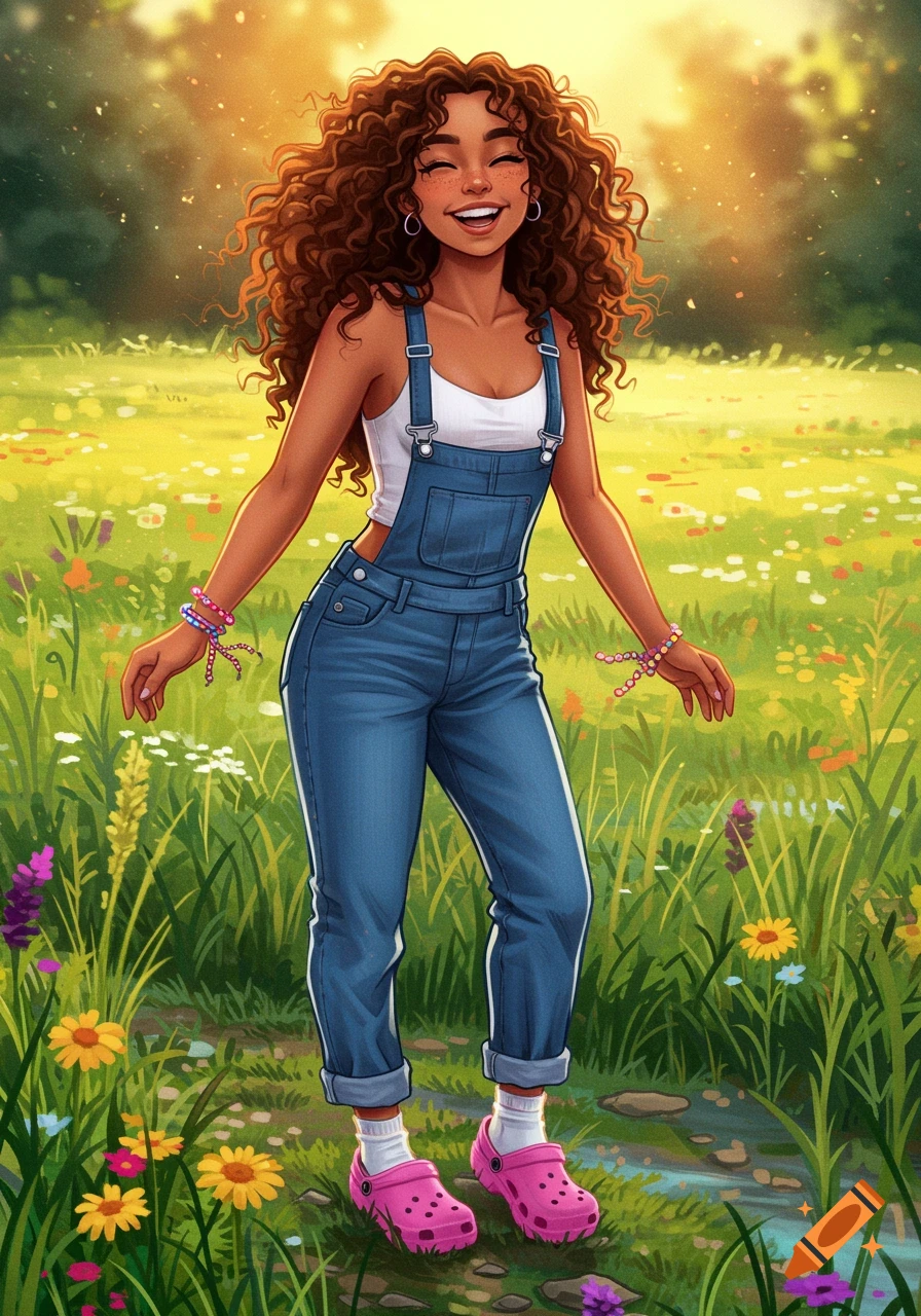 A young woman with long curly hair, wearing overalls and pink Crocs, stands smiling in a sunny, flower-filled field. Cartoon style.