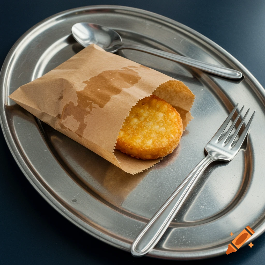 A hashbrown in a paper bag on a metallic platter with a fork and spoon, shot from above with a flash.