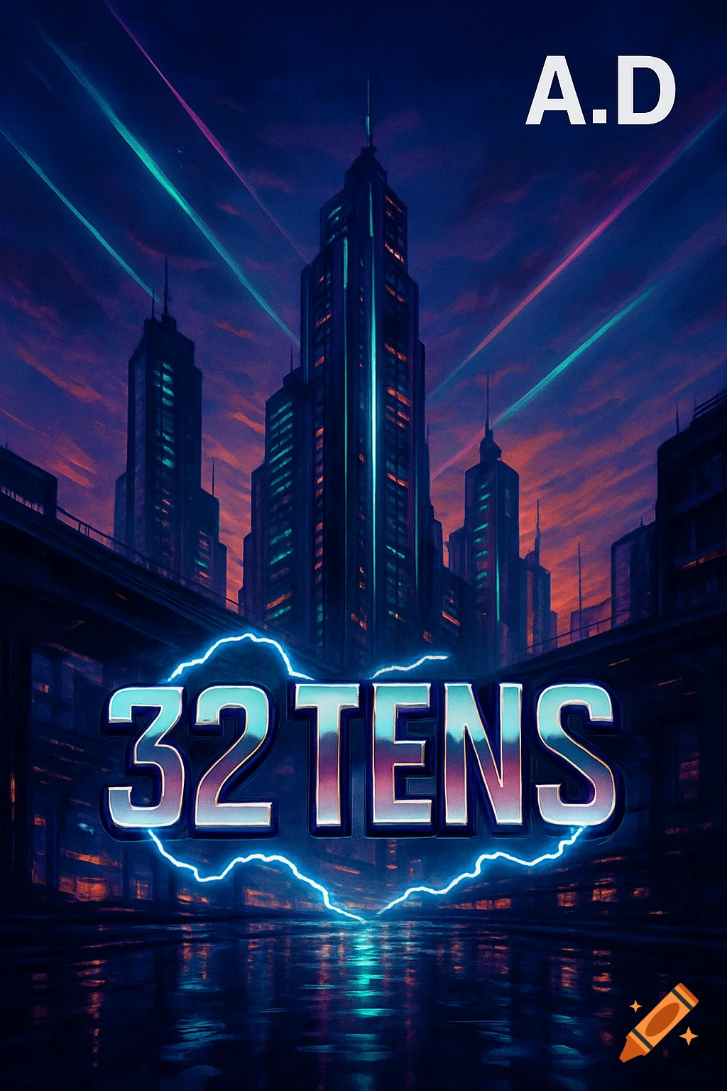 A stylized, neon-lit cyberpunk cityscape at night with tall buildings, a raised highway, and glowing text 'A.D' and '32 TENS' reflected on a wet surface.