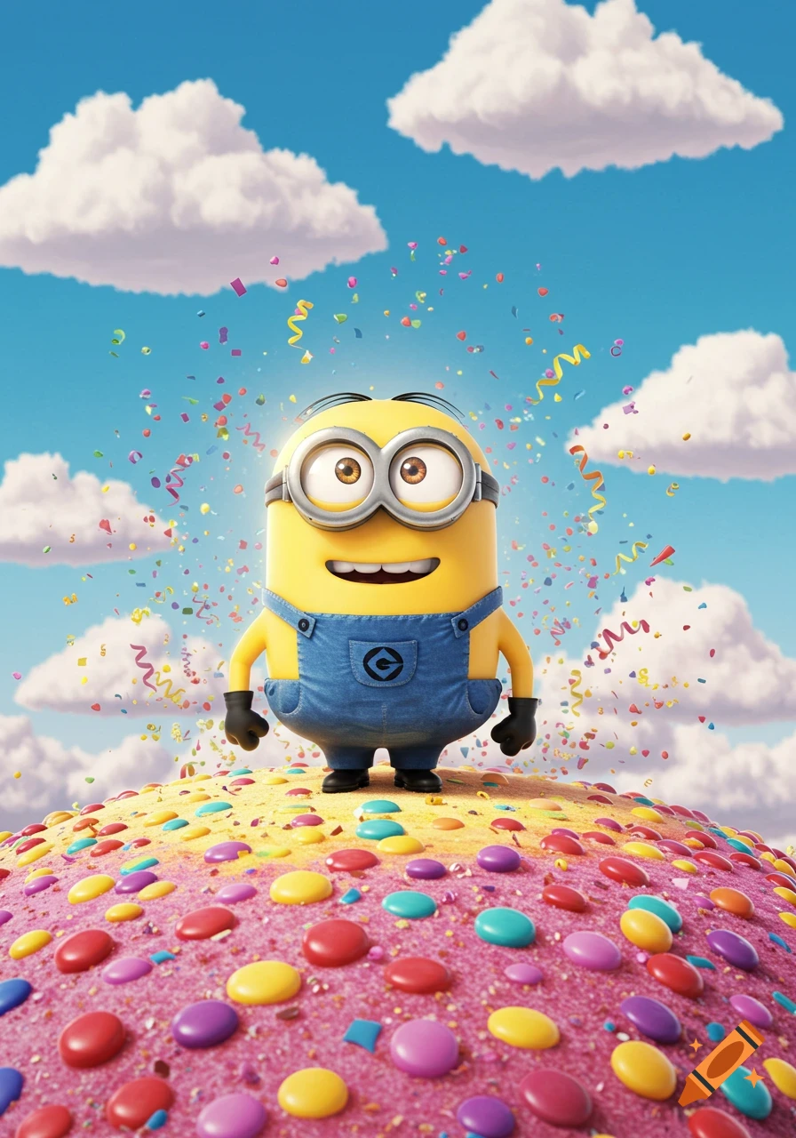 A yellow Minion stands on a hill of colorful candies and sprinkles, with confetti falling around it under a blue sky.