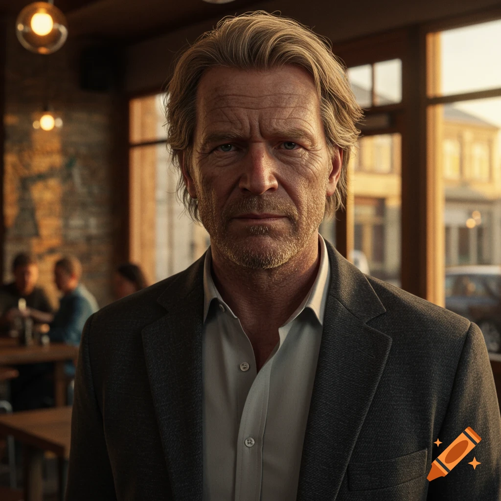 Photorealistic portrait of a serious-looking middle-aged man with dirty blond hair and a beard, wearing a suit jacket, in a warmly lit cafe.