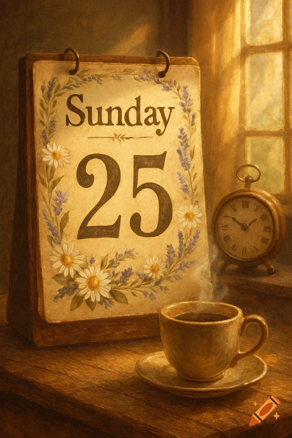 A vintage calendar with 'Sunday 25', decorated with flowers, next to a steaming coffee cup and an antique alarm clock by a window.