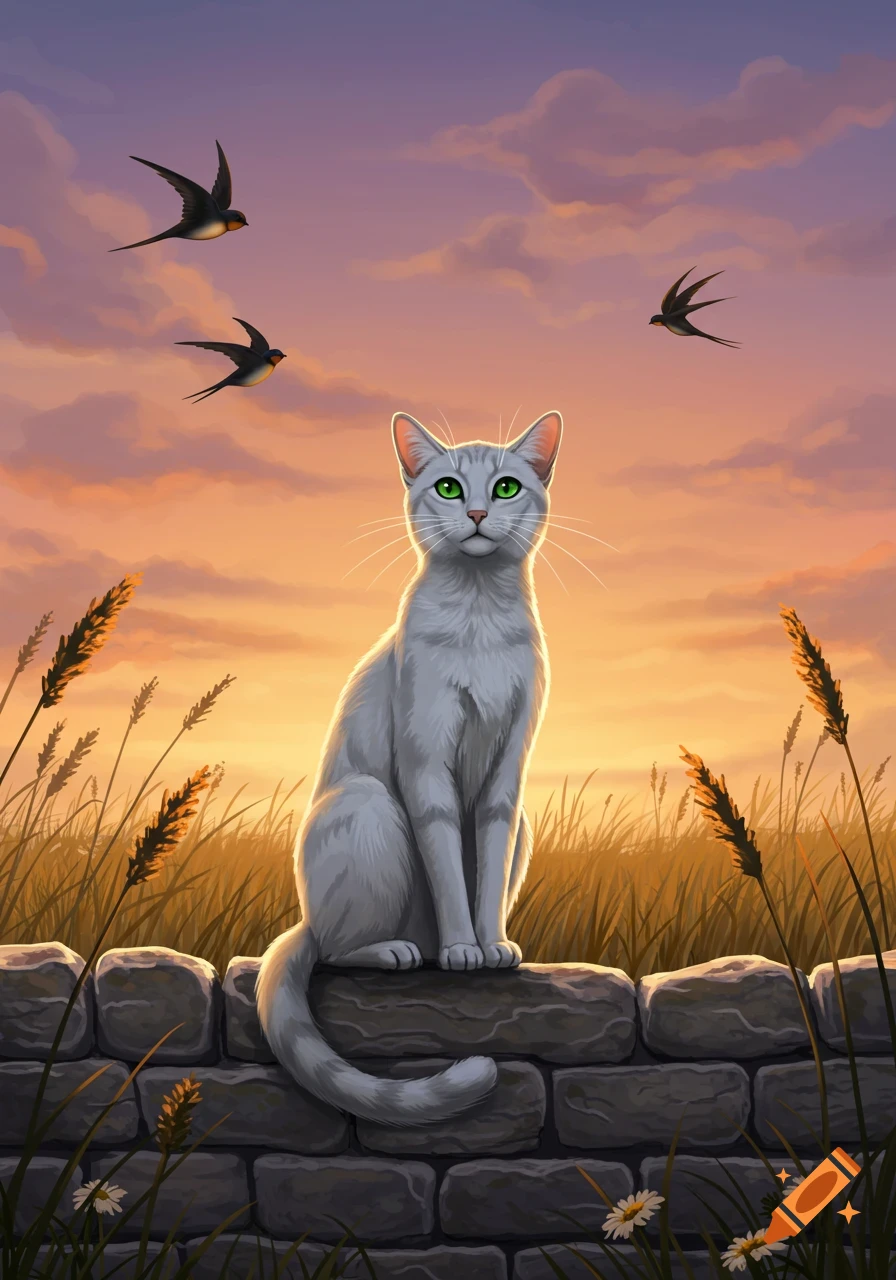 A light gray cat with green eyes sits on a stone wall at sunset. Two swallows fly in the orange and purple sky.