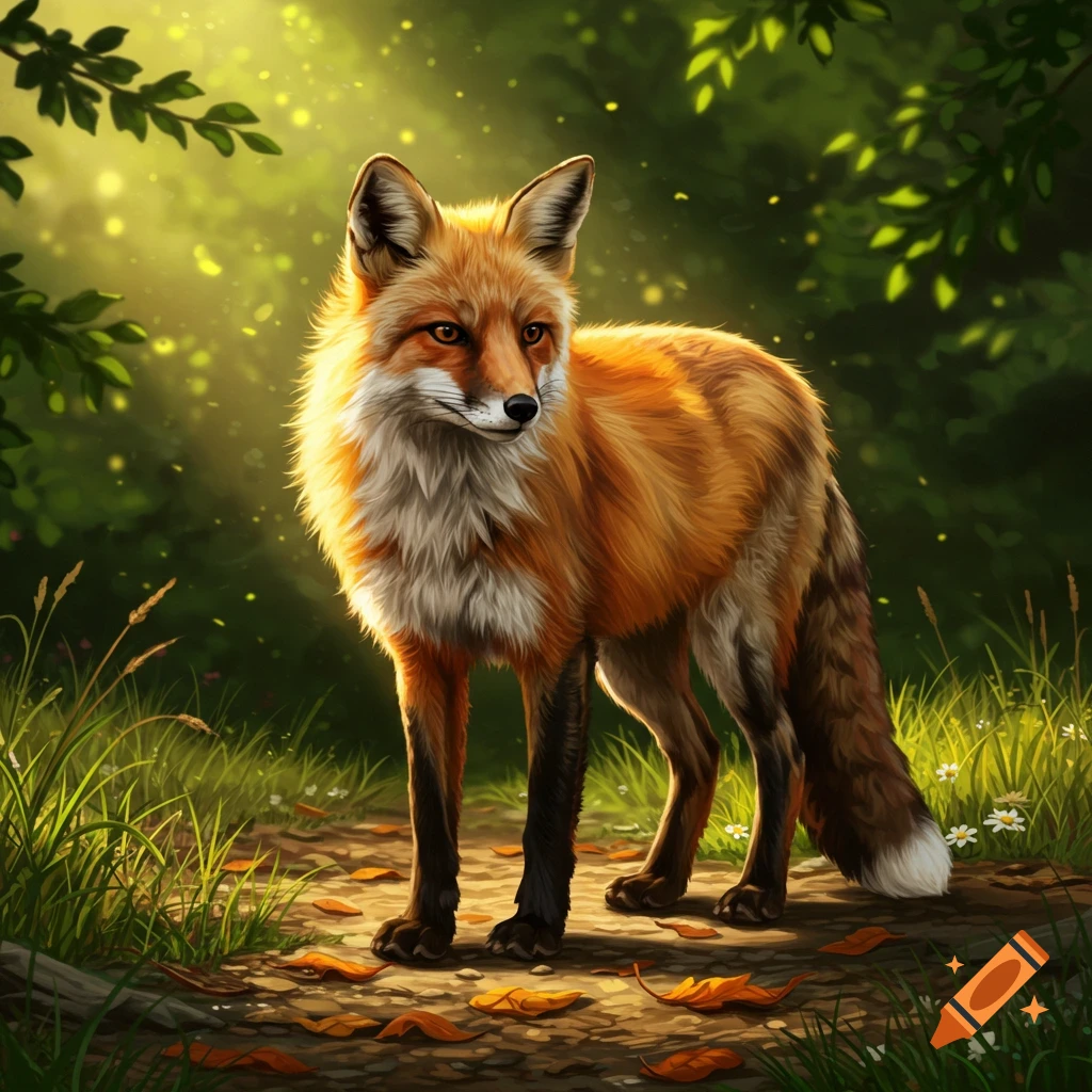 A vibrant red fox stands on a leafy forest path, bathed in golden sunlight filtering through trees.