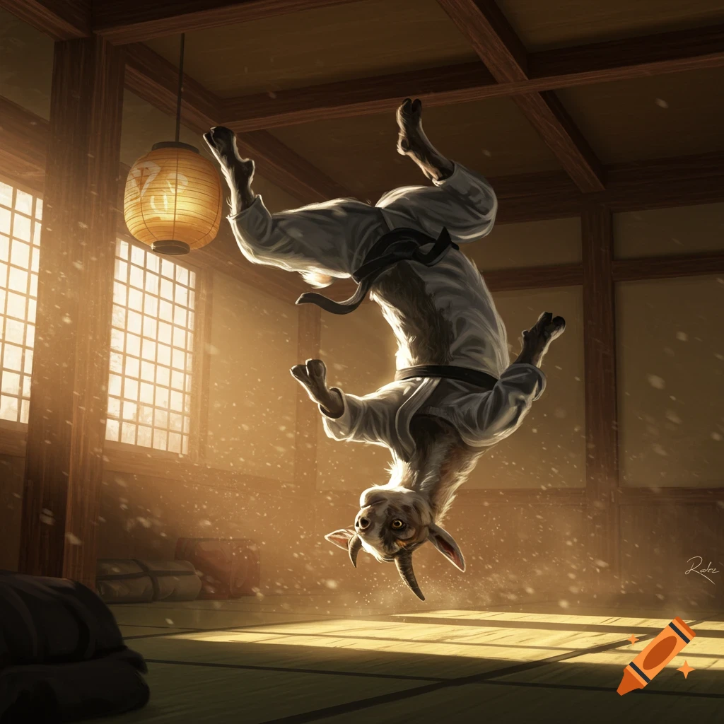 A goat in a white gi with a black belt performs a mid-air flip in a sunlit dojo, in an illustrative style.