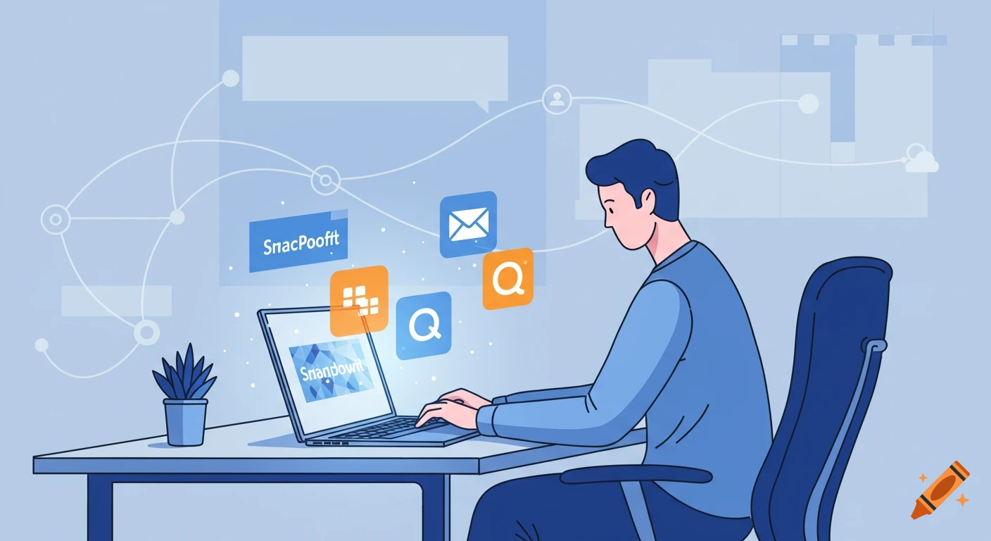 A man in a blue shirt works at a desk on a laptop, surrounded by floating application icons like email and a grid, in a blue-toned 2D illustration.
