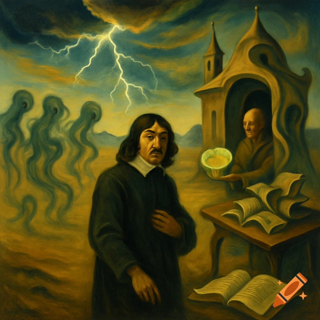 A surreal painting in the style of Salvador Dali depicts philosopher Descartes with ghosts, lightning, and a man offering a melon from a chapel, surrounded by books.