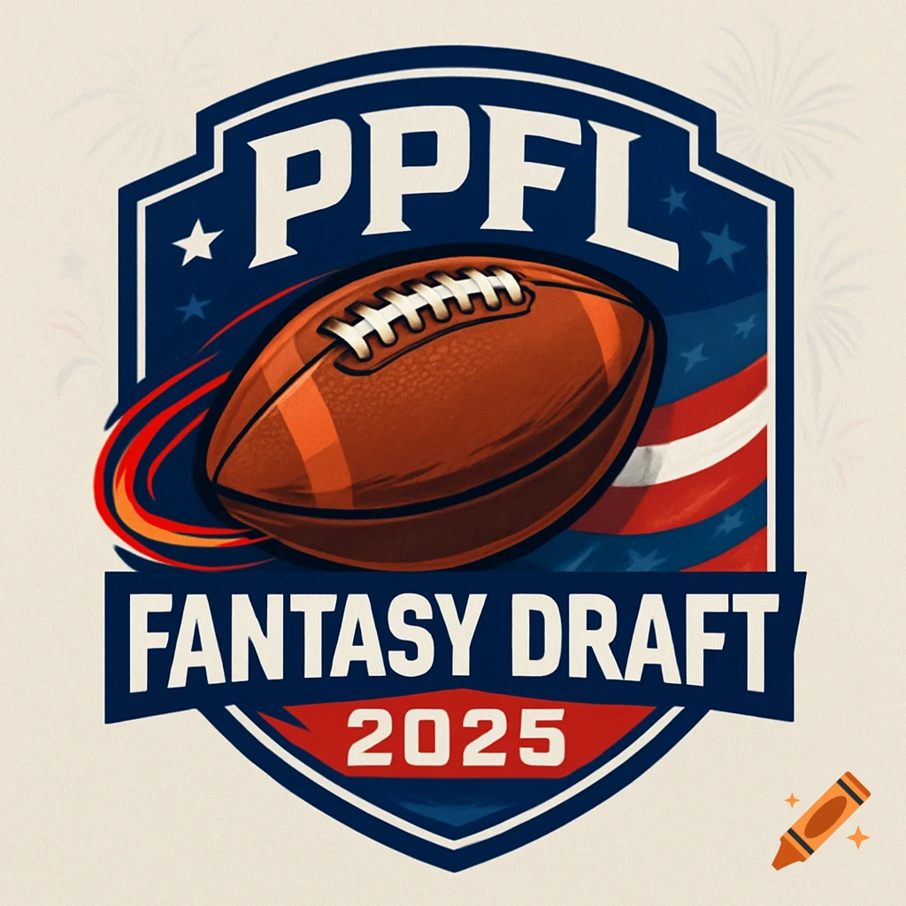 A patriotic fantasy football logo with a football on a shield, reading "PPFL" and "Fantasy Draft 2025."