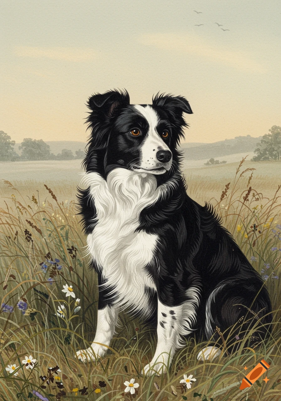 A detailed illustration of a black and white Border Collie sitting in a grassy field with wildflowers.