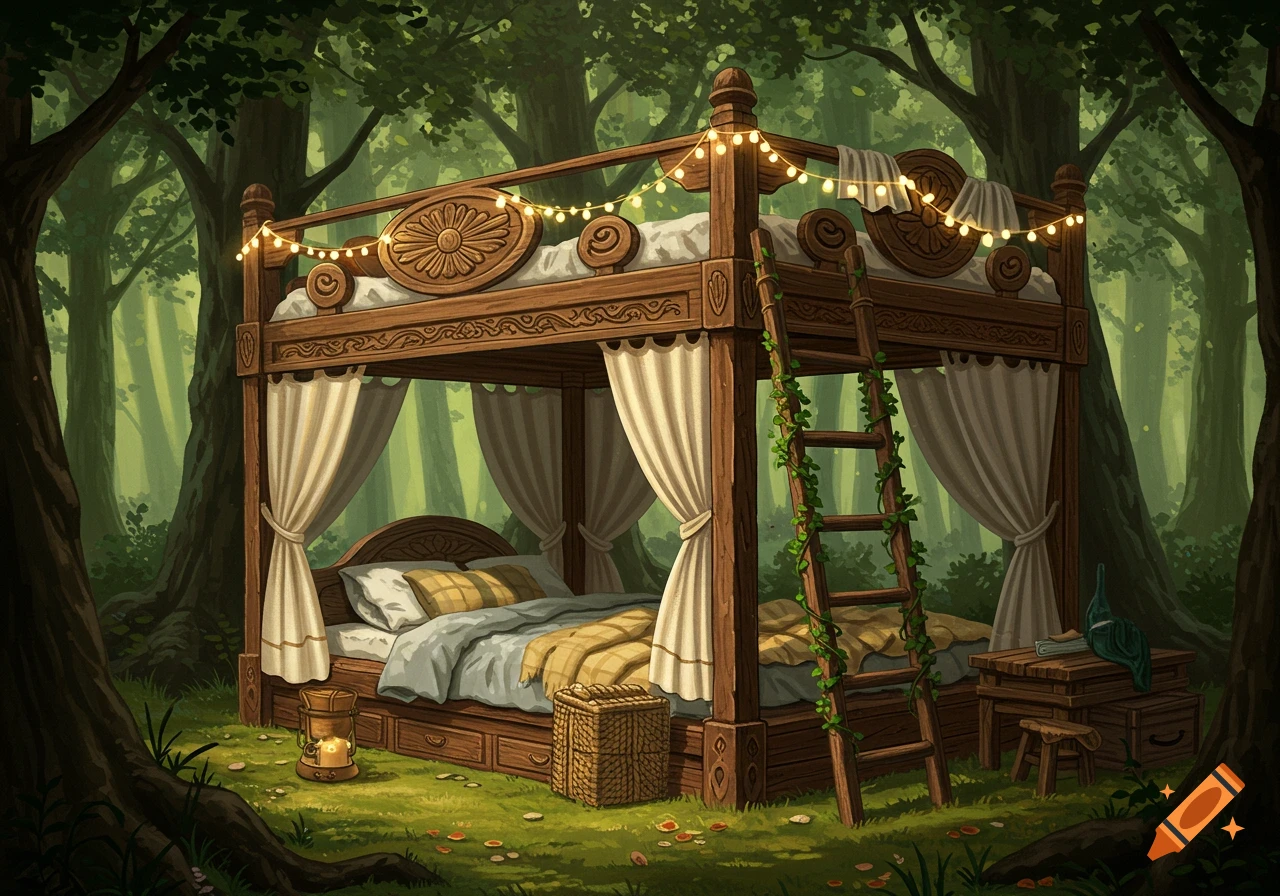 An ornate wooden loft bed with fairy lights and vines sits in a magical forest clearing with soft light.
