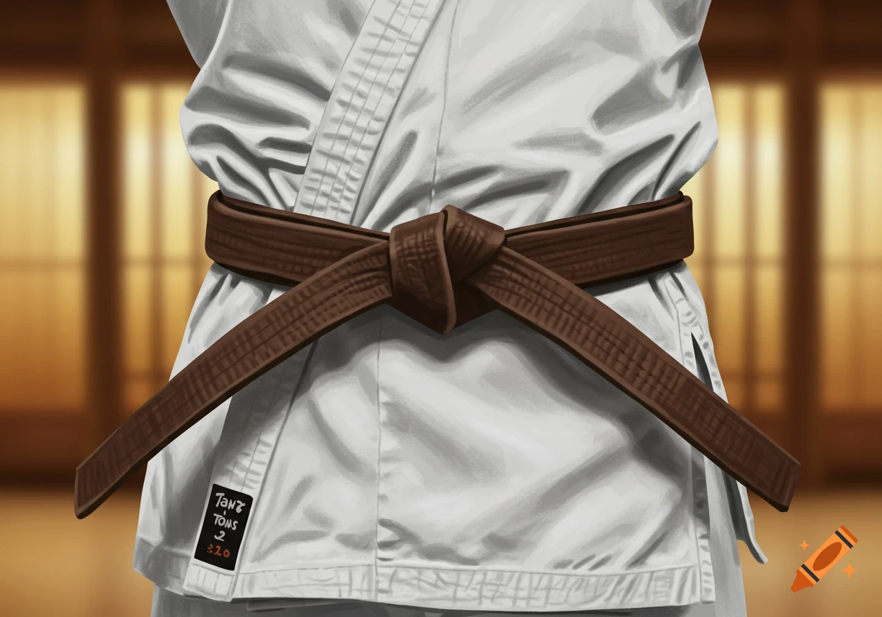 Close-up of a person wearing a white karate gi with a brown belt tied at the waist, with a softly focused dojo background. Photorealistic style.