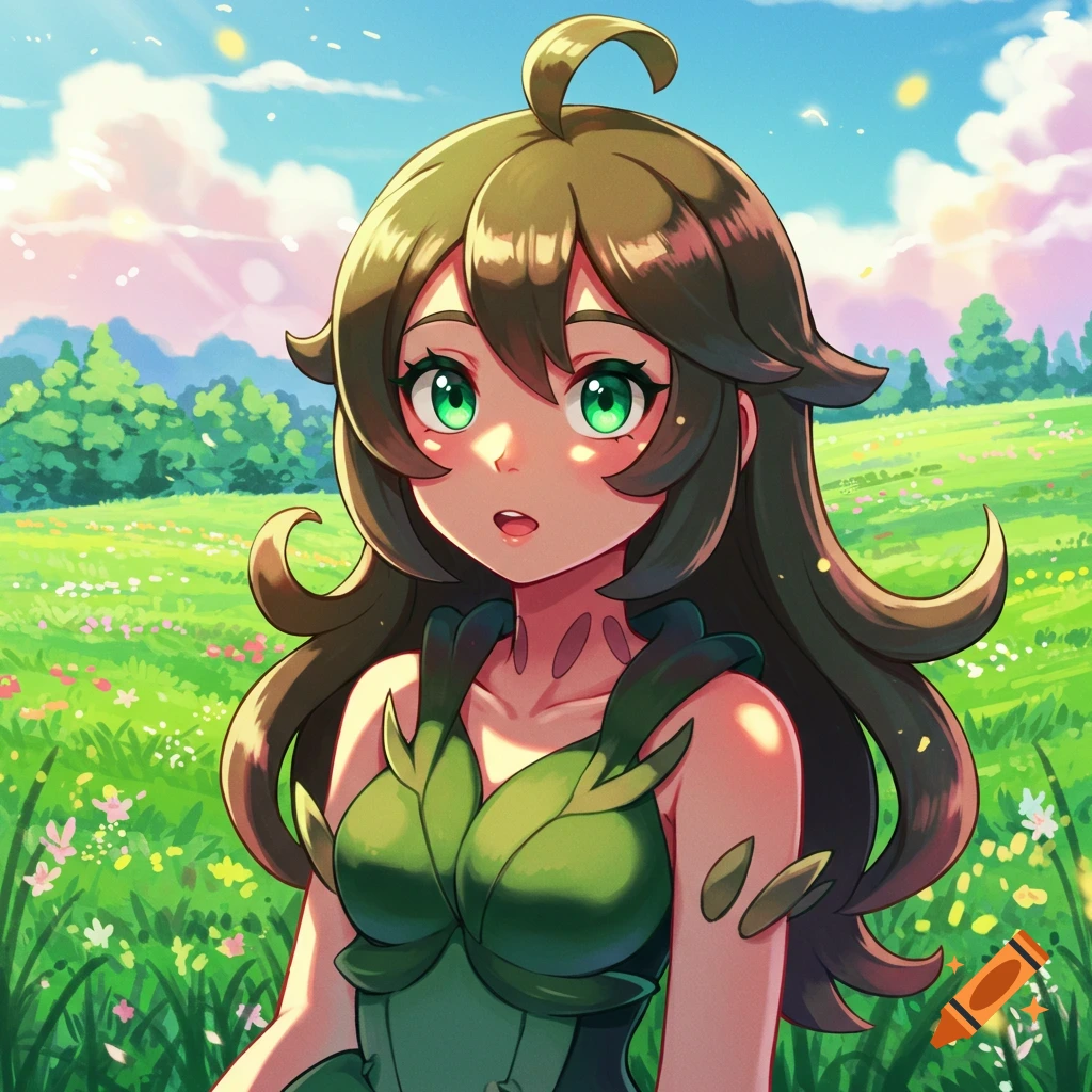 Anime-style woman with long greenish-brown hair and bright green eyes, wearing a leafy outfit, standing in a sunny meadow.