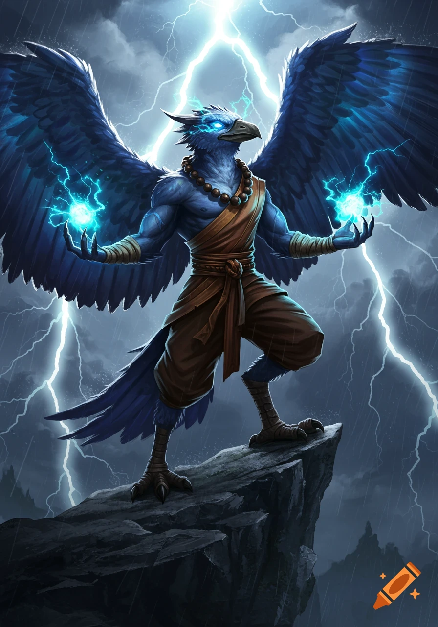 A blue feathered humanoid bird monk with glowing eyes summons lightning on a stormy cliff.