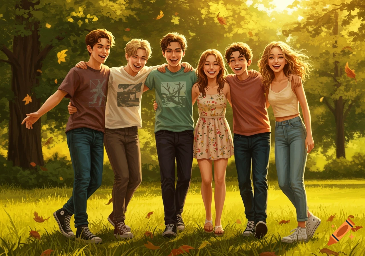 Six smiling teenage friends, four boys and two girls, embracing each other outdoors in a sunlit park with autumn leaves.