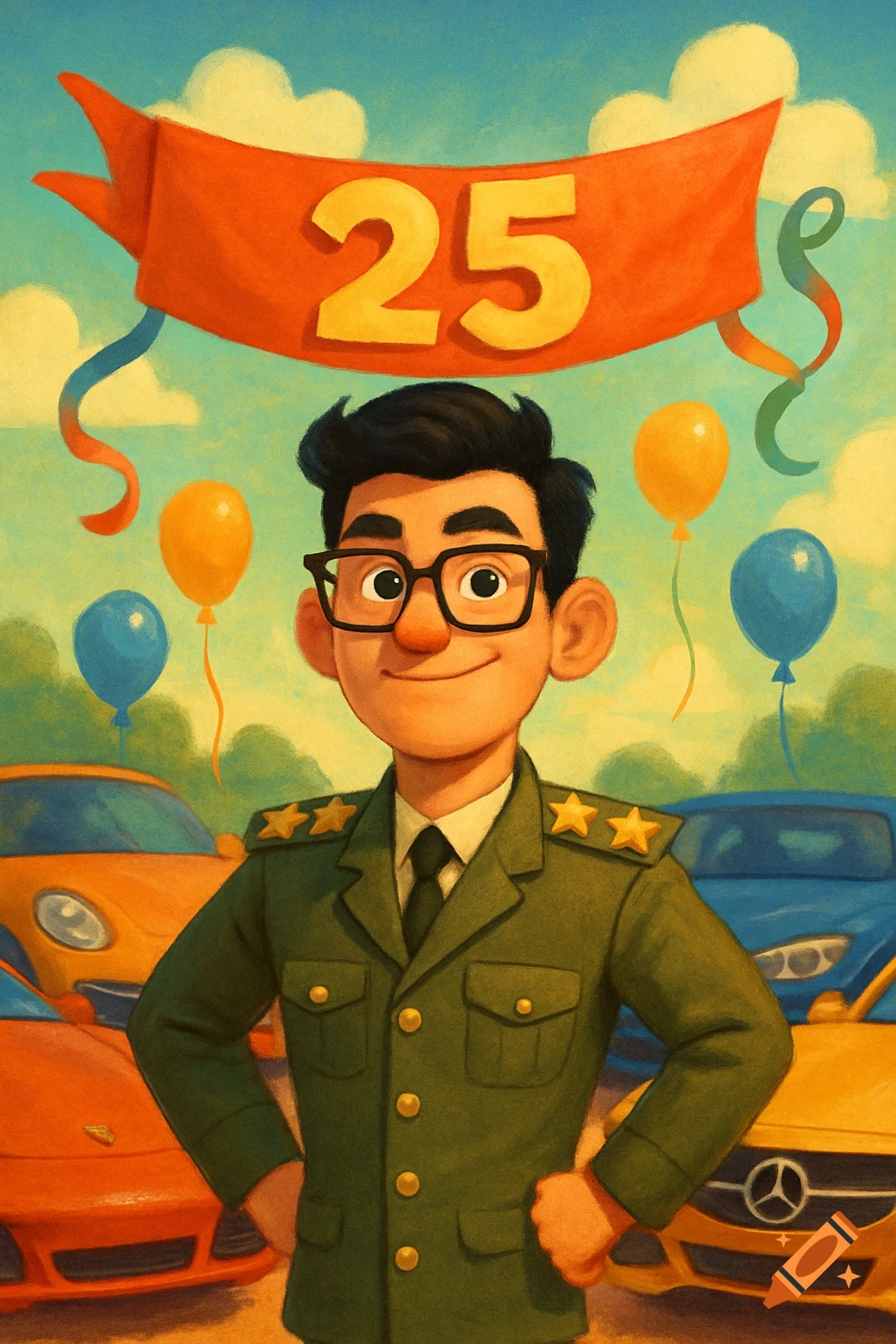 A cartoon man in a military uniform and glasses stands in front of luxury cars with balloons, under a banner with "25", in a Pixar-like style.
