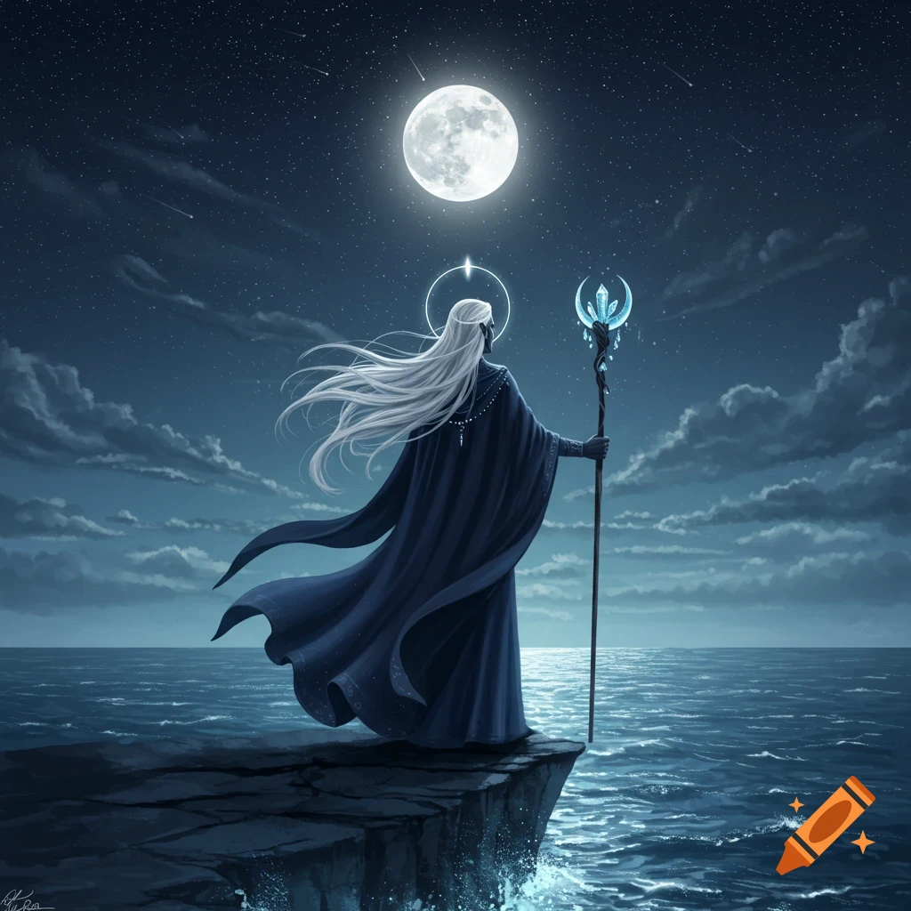 Fantasy art of a white-haired figure in a dark cloak holding a staff, standing on a cliff at night under a full moon.