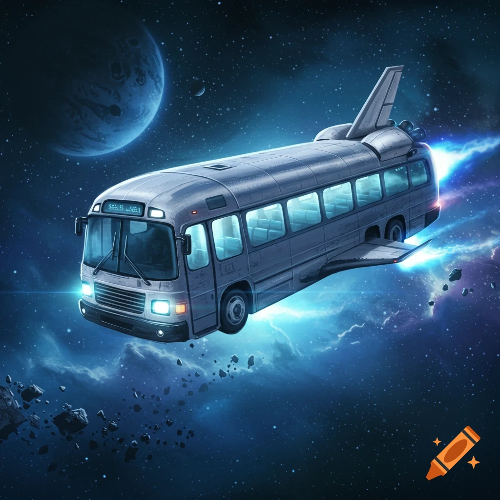 A space bus, a hybrid of a bus and a space shuttle, flies through deep space with planets and asteroids visible in the background, digital art.