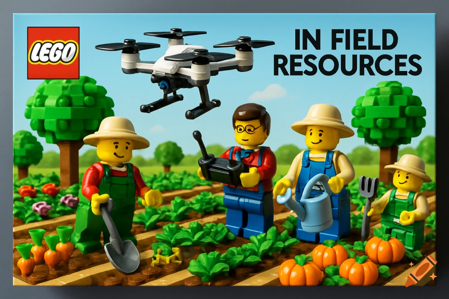 Lego set box showing four minifigures farming with a drone. Text reads 'LEGO' and 'IN FIELD RESOURCES'.