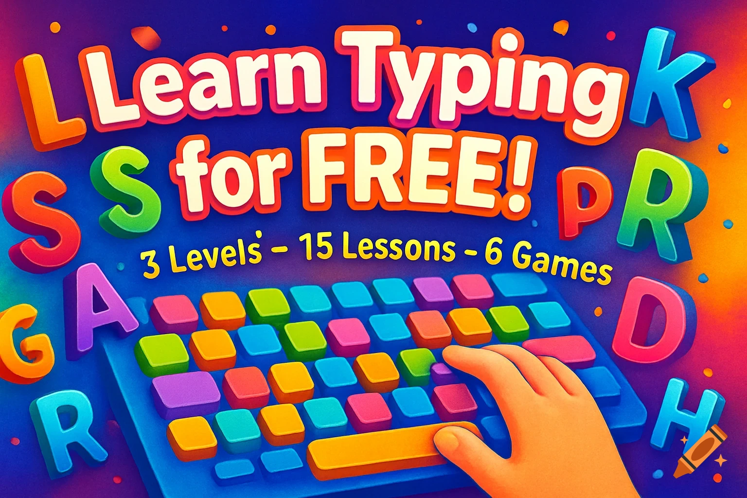 A colorful digital illustration with a hand typing on a brightly colored keyboard, surrounded by floating letters and text 'Learn Typing for FREE! 3 Levels - 15 Lessons - 6 Games'.