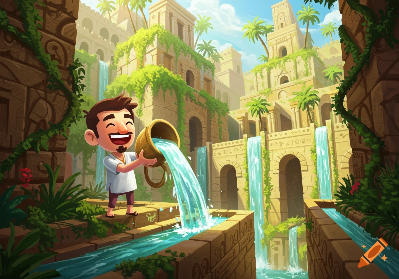 A cheerful cartoon man pours water from a pot into a canal within the lush, terraced Hanging Gardens of Babylon.