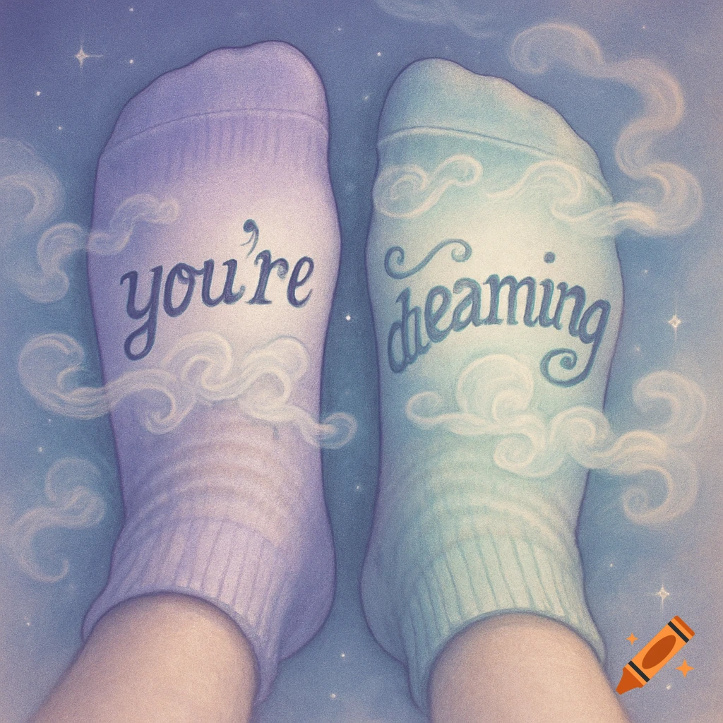 A pair of feet wearing light purple and blue socks that say 'you're dreaming', surrounded by wispy clouds and stars.