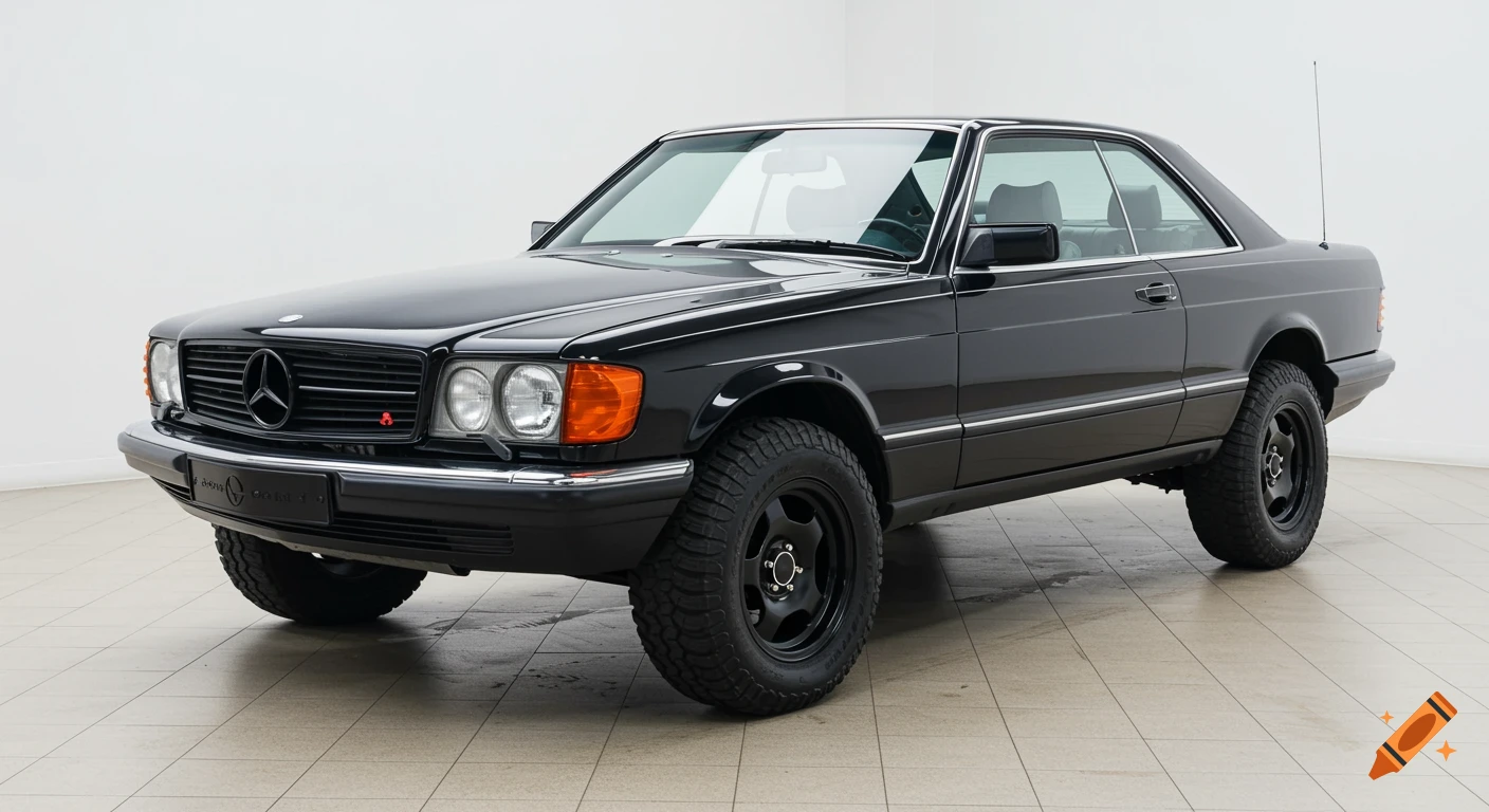 A black Mercedes 500 SEC coupe, converted with off-road tires and lifted suspension, parked in a bright showroom.