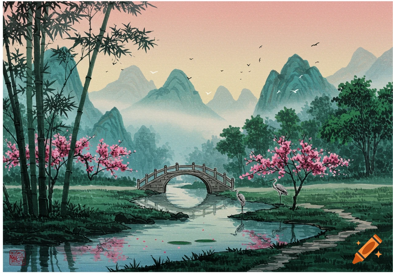 A Chinese pen brush painting of a serene landscape with bamboo, cherry blossoms, a stone bridge over a river, and misty mountains.