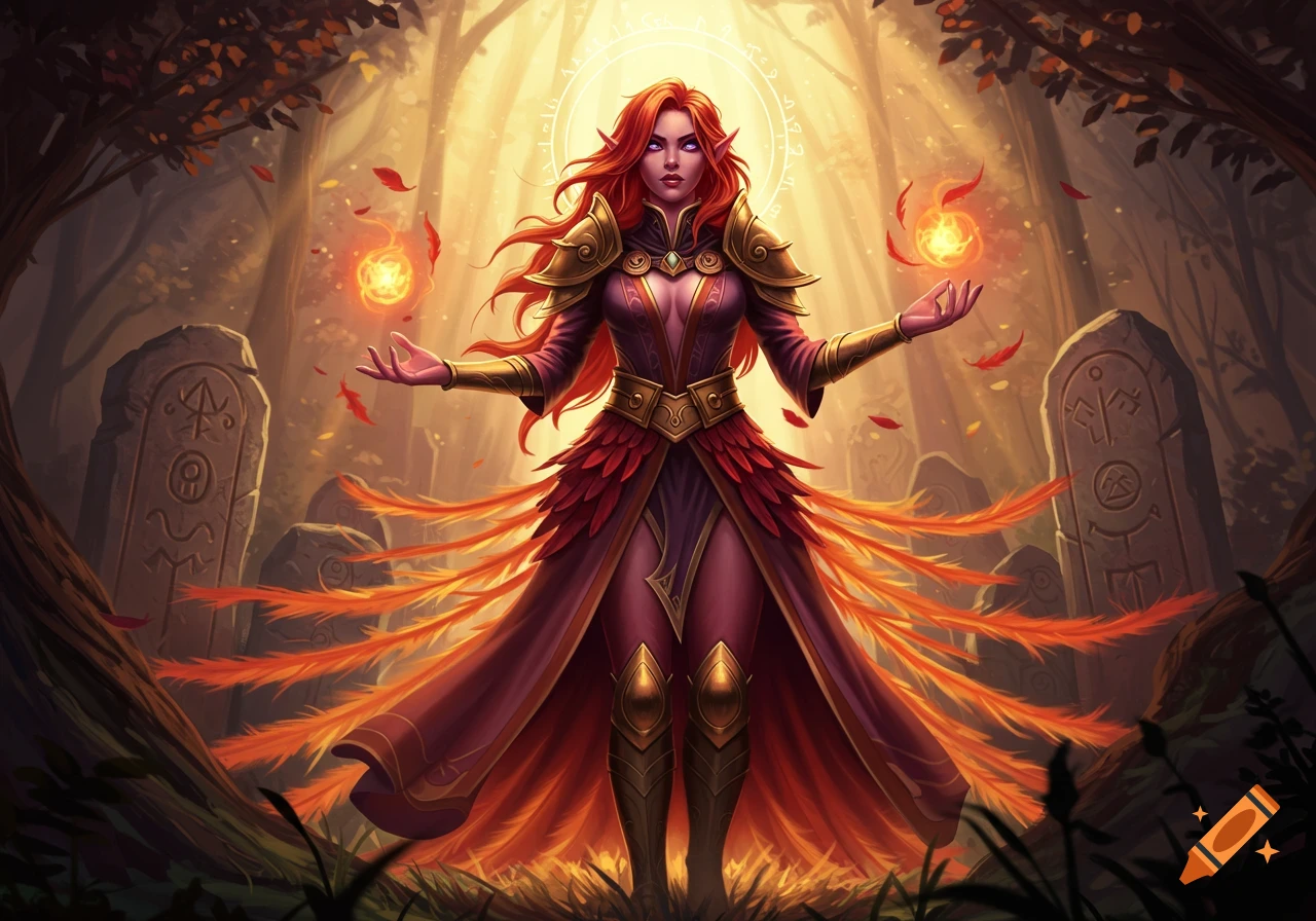 A red-haired female fantasy character in armor and a phoenix-like dress stands in a forest with glowing orbs and runic stones.