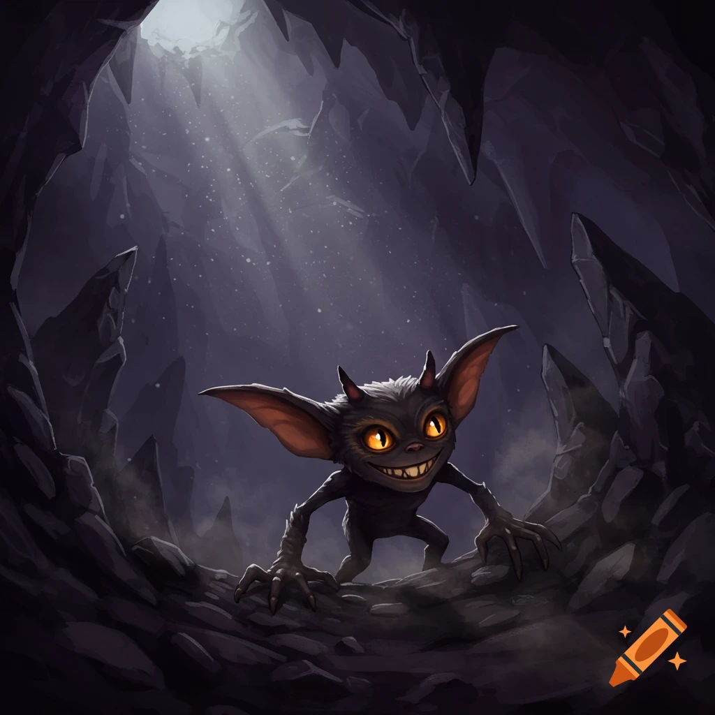 A creepy, dark gremlin-like creature with large ears, glowing orange eyes, and a wide grin emerges from a shadowy cave with light filtering from above.