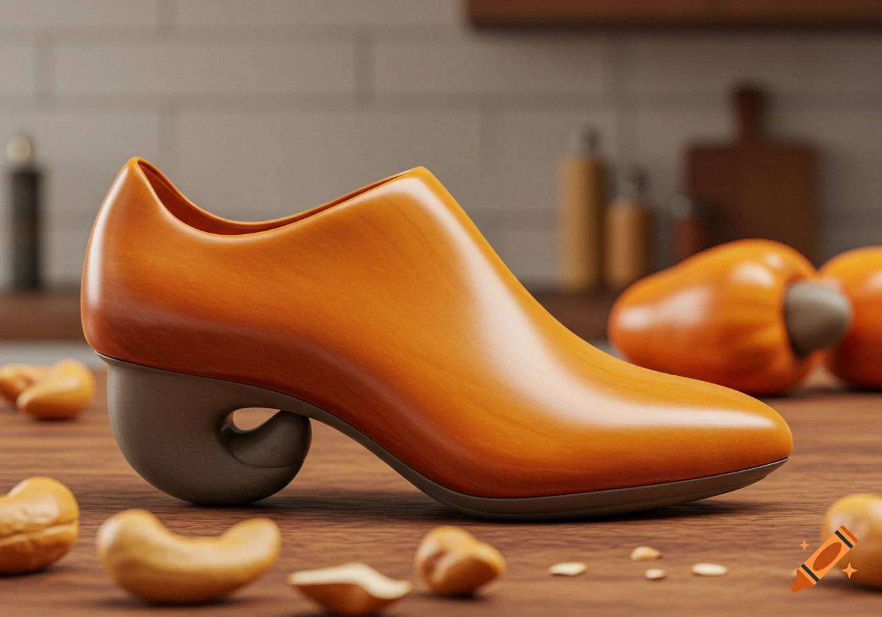 A unique shoe shaped like a cashew nut with a curled heel sits on a wooden table among scattered cashews.