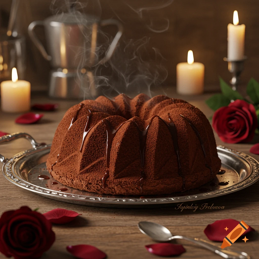 A photorealistic image of a steamy chocolate bundt cake on a silver tray, surrounded by red roses, petals, and lit candles on a wooden table.