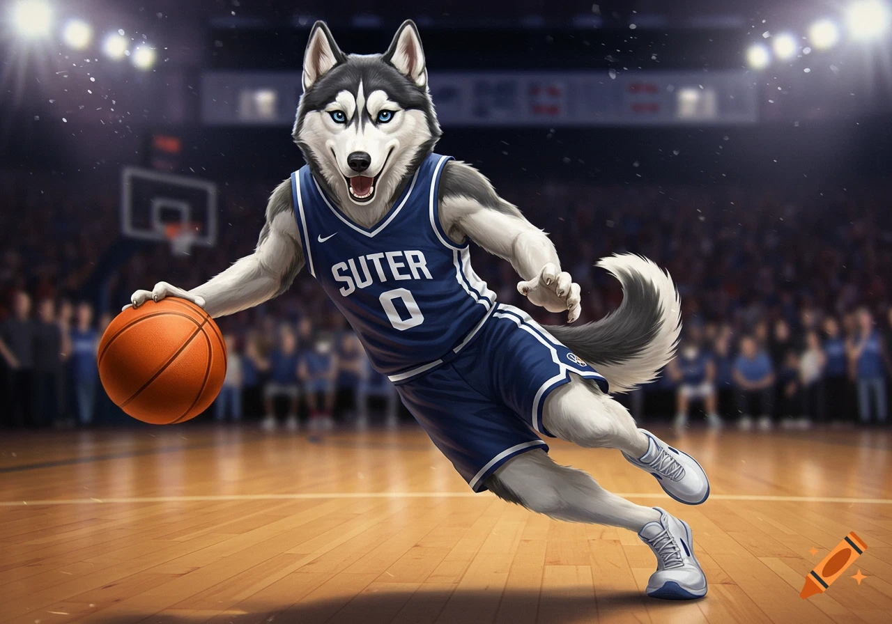 A husky dog in a blue basketball uniform dribbles a basketball on a court during a game.