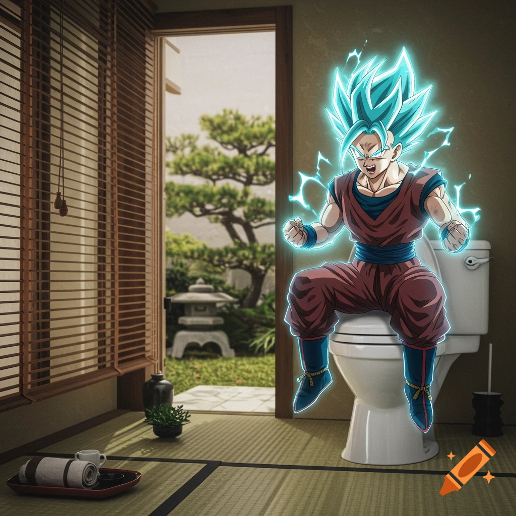 A powerful blue-haired anime character, glowing with energy, sitting on a toilet in a traditional Japanese bathroom with a garden view.