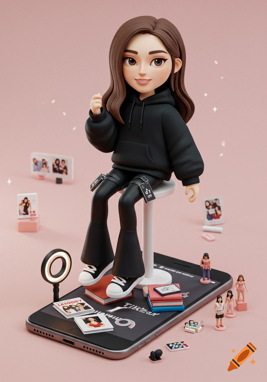 A stylized 3D action figure of a young woman with brown hair, black hoodie, and flare leggings, sitting on a giant smartphone surrounded by miniature props and photos, against a pink background.