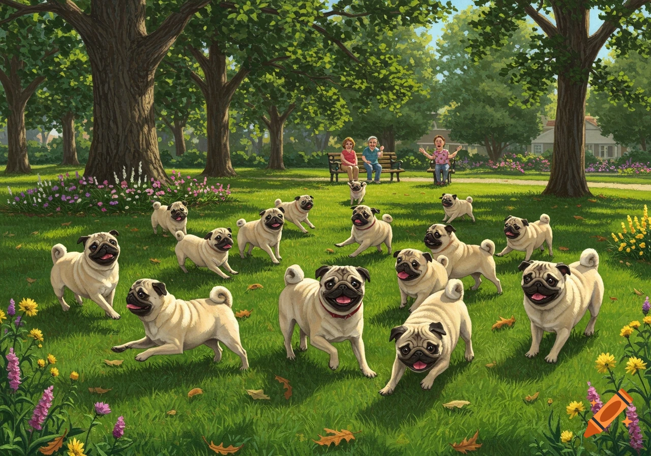 Many happy pugs run and play in a sunny, green park with trees and flowers. People are on a bench in the background.