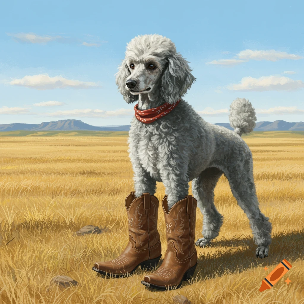 A silver poodle wearing cowboy boots stands in a golden field under a blue sky.