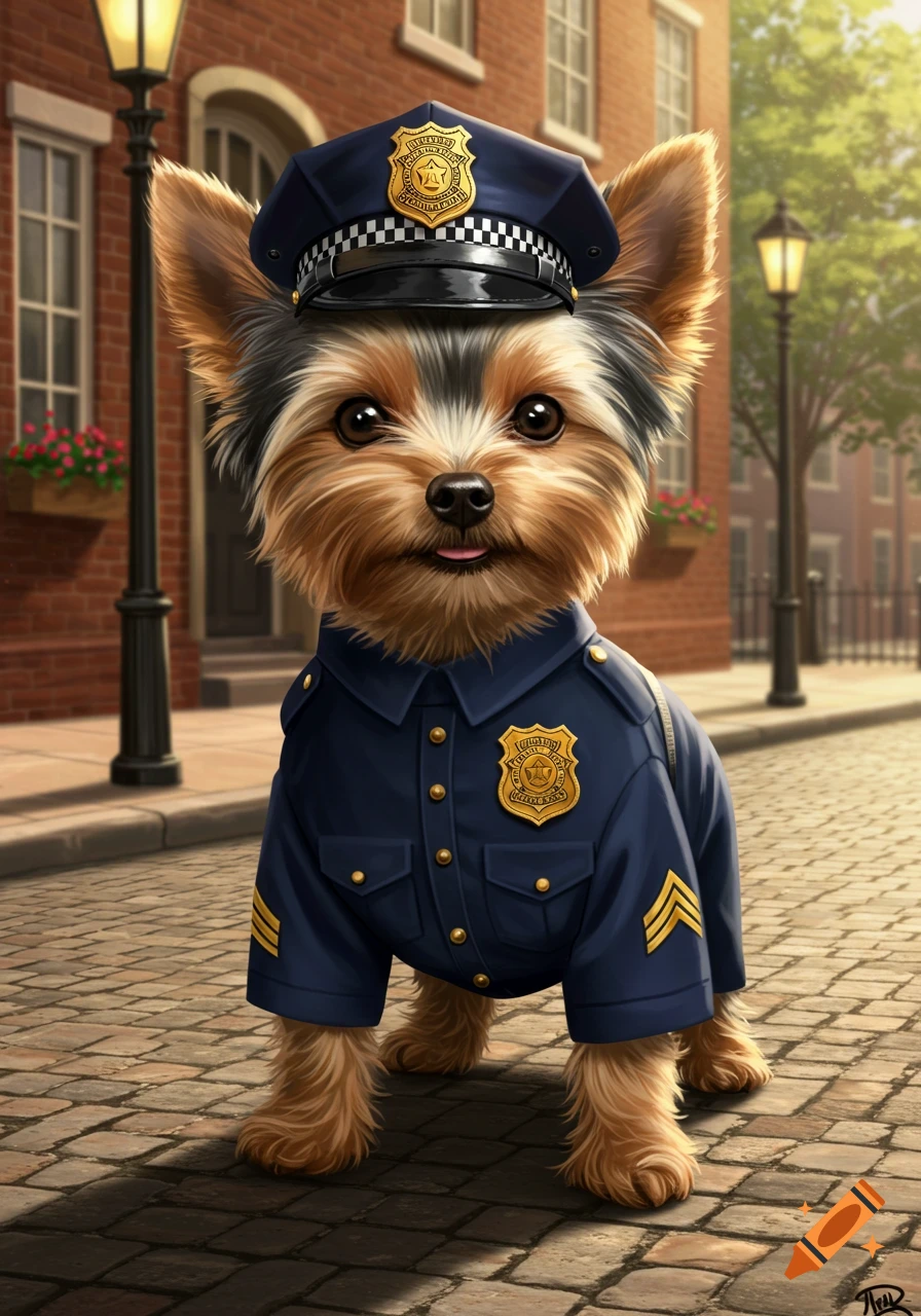 A photorealistic Yorkshire terrier dog dressed in a police uniform and hat sits on a cobblestone street in front of brick buildings.